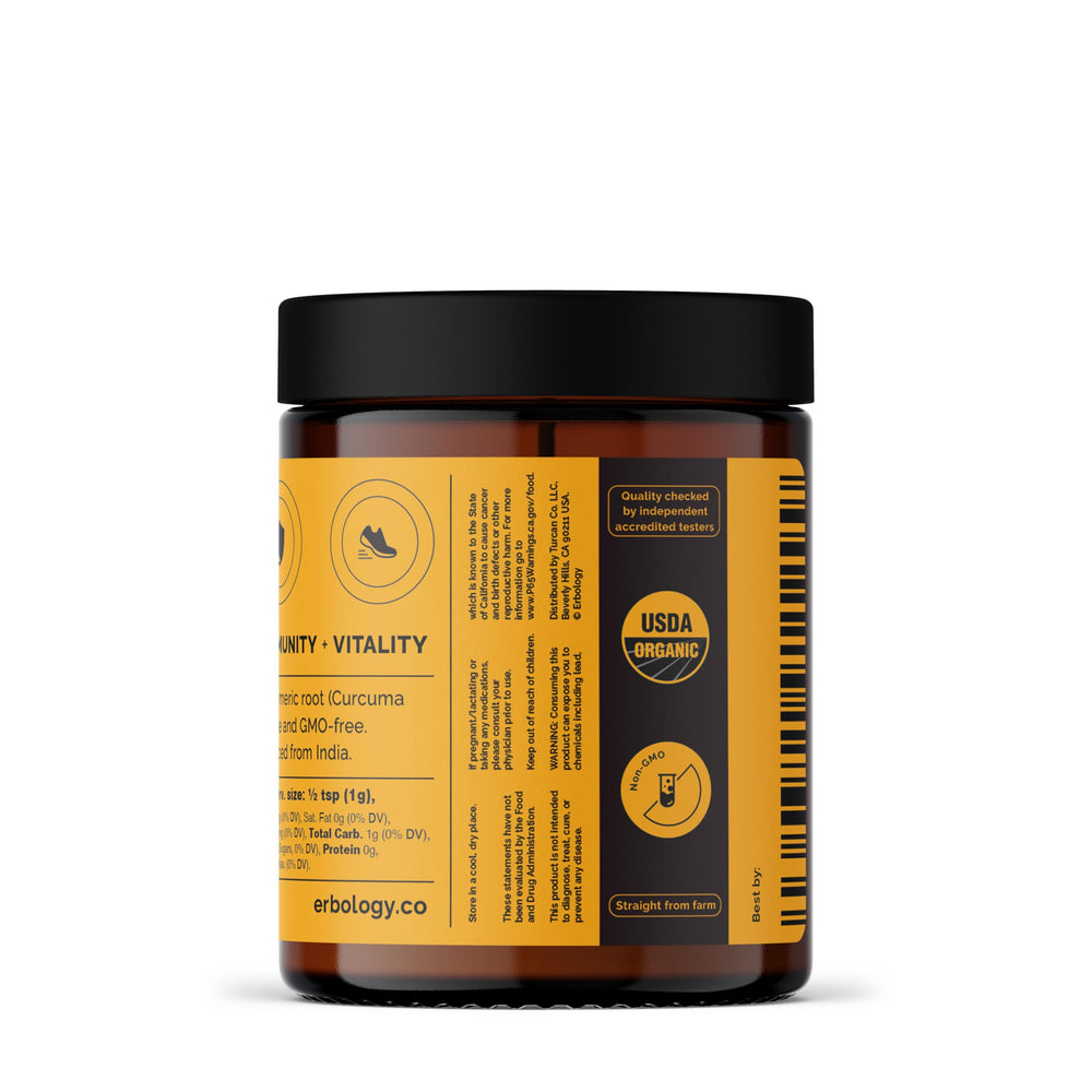 Erbology turmeric organic label highlighting sustainability and origin.