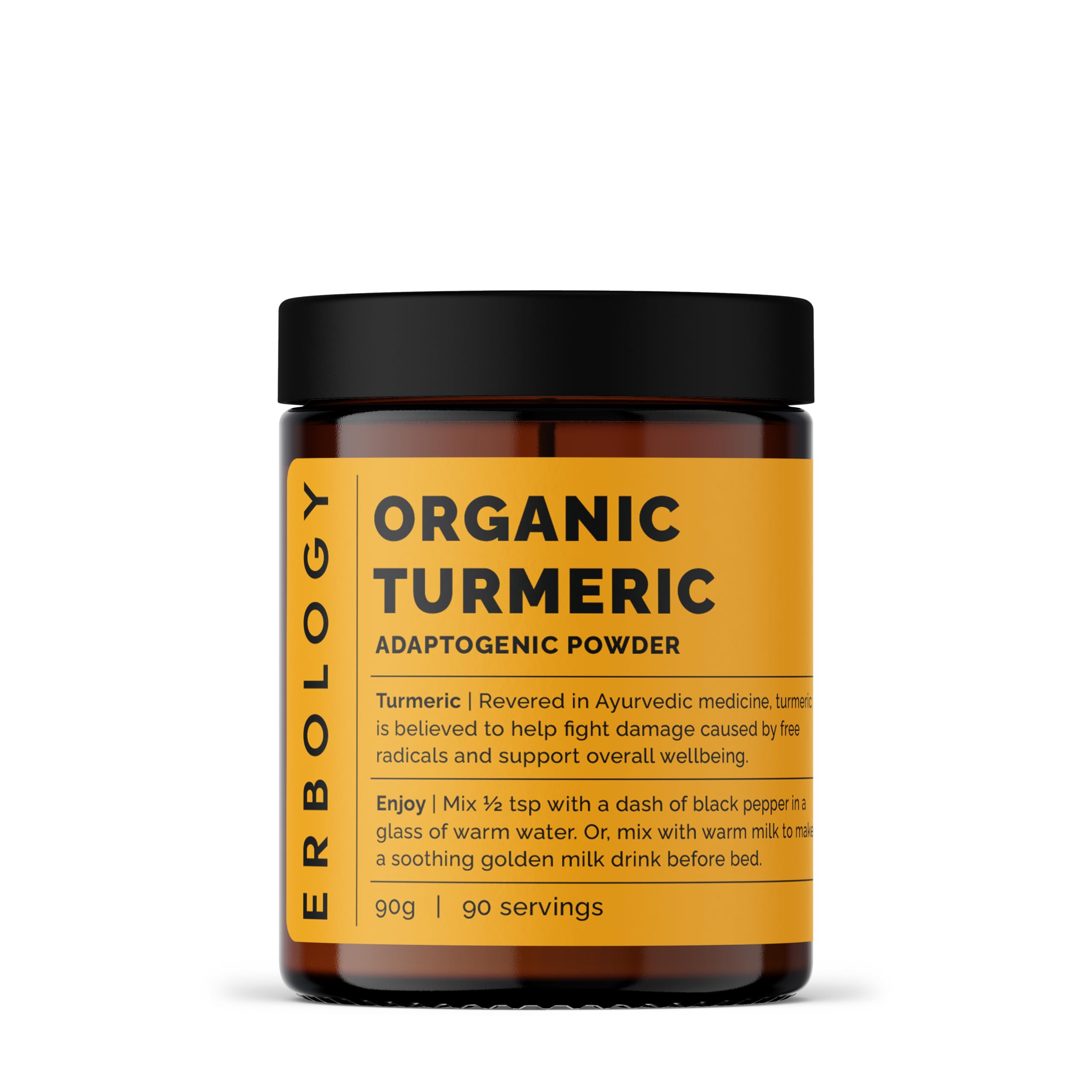 Erbology turmeric powder jar showing vibrant orange color for curries and golden milk.