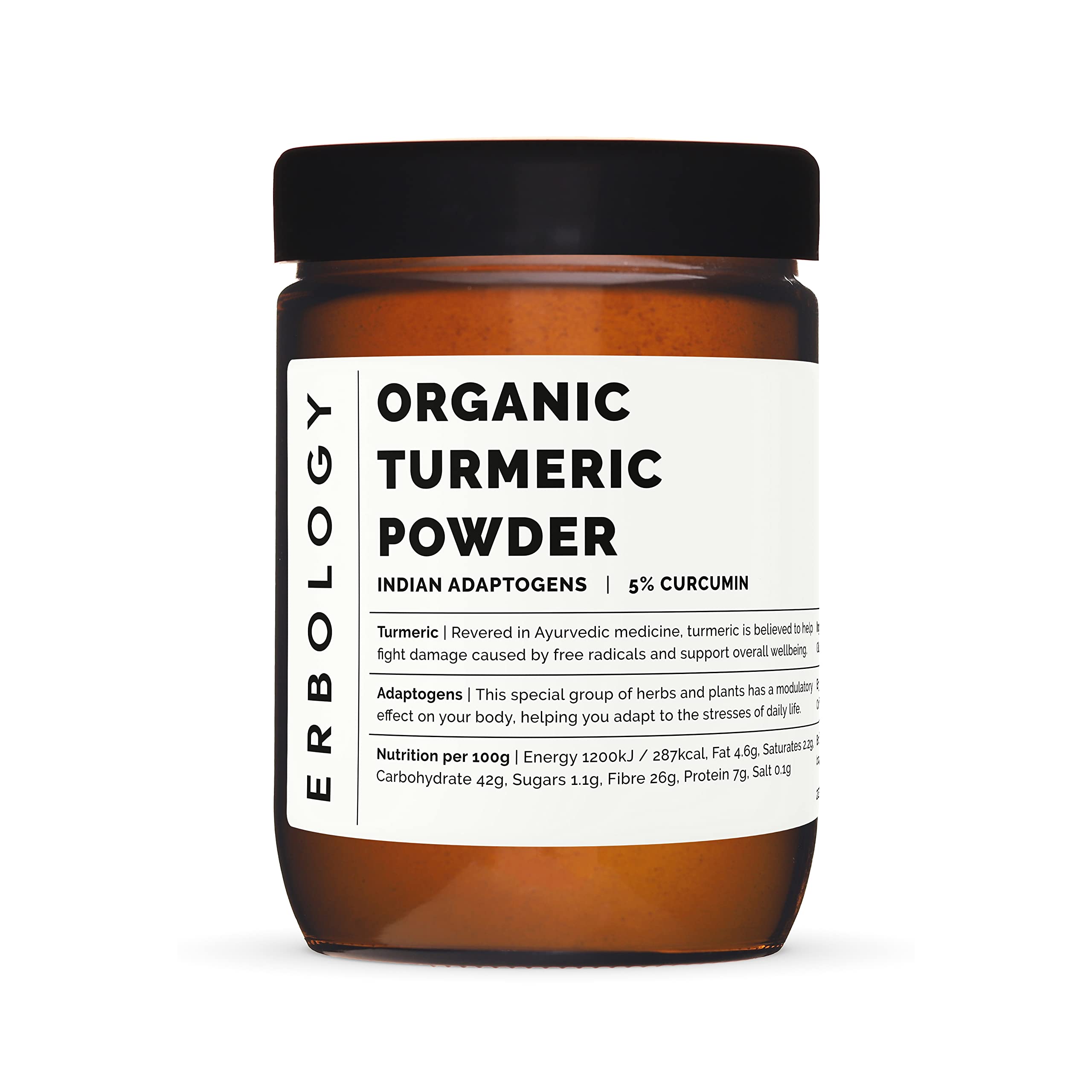 Erbology turmeric powder spoon highlighting fine texture for smoothies and spice blends.