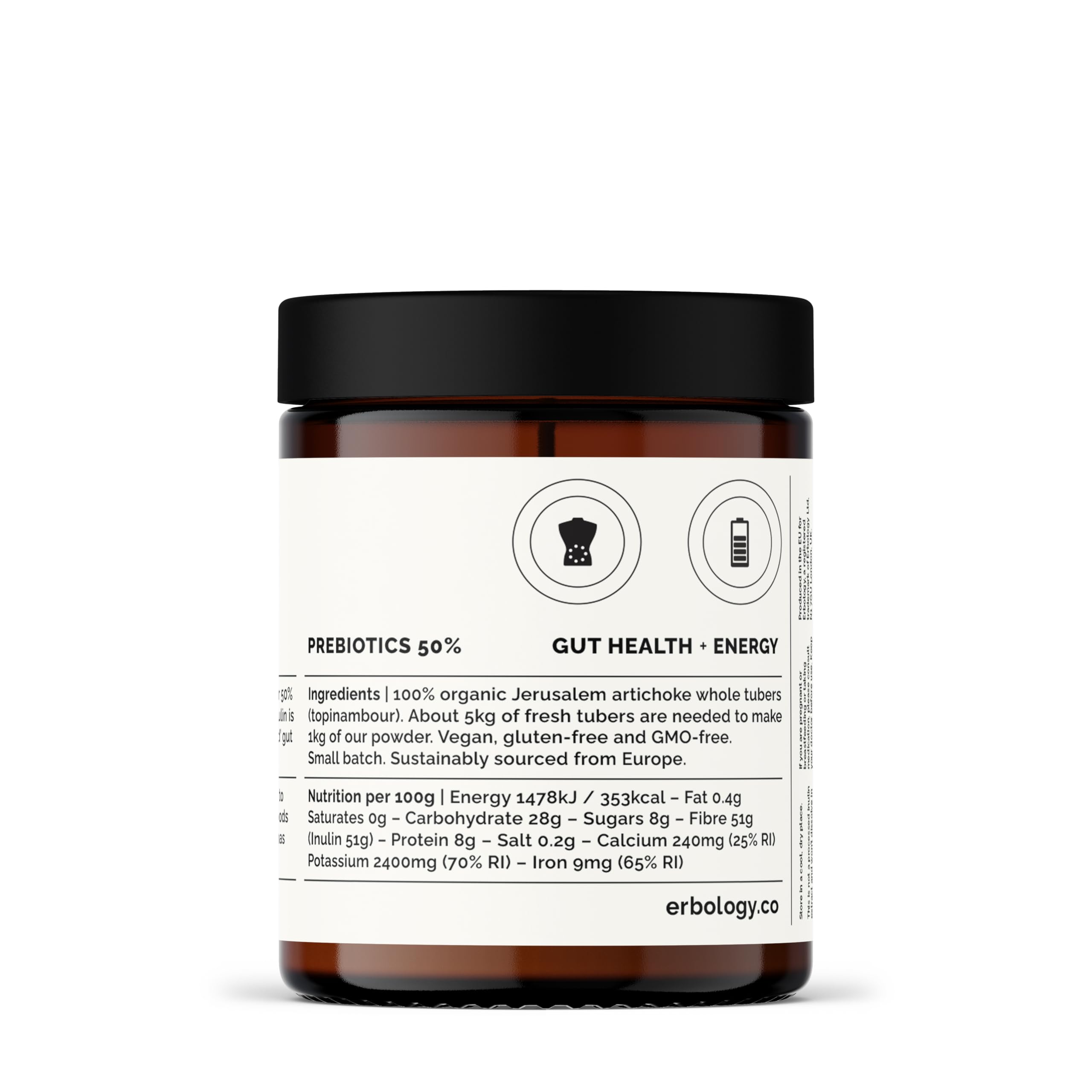 Erbology vegan gluten-free label on jar signaling clean ingredients.