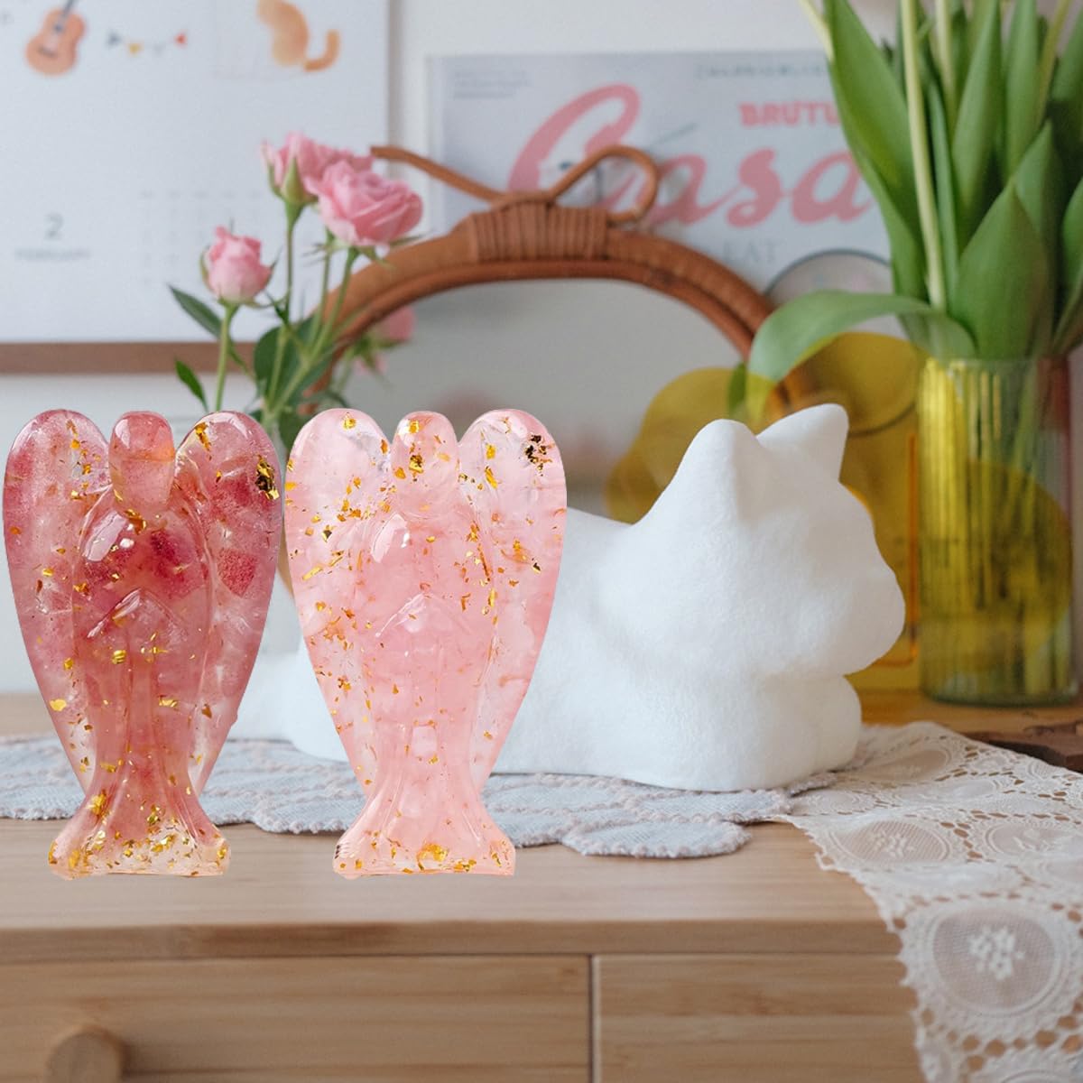 Erliway rose quartz angel crystal chips inside revealing natural texture.