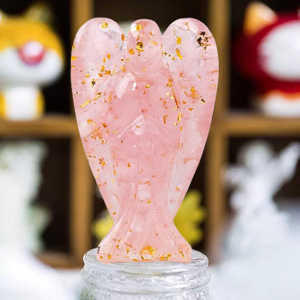Erliway rose quartz angel on dresser adding charm and a calming presence.