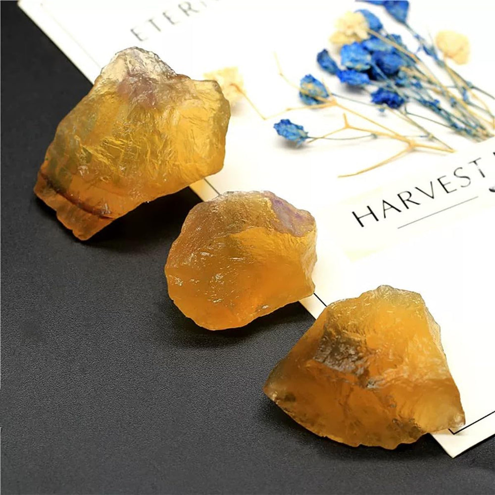 Erliway Yellow Fluorite raw crystal in velvet bag, ready as a gift.