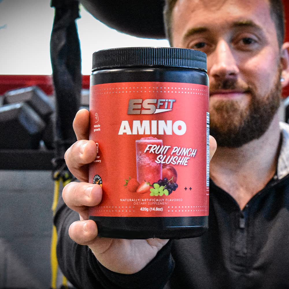 ES FIT Amino Powder fruit punch slushie nutrition label highlights ingredients and electrolytes