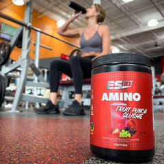 ES FIT Amino Powder fruit punch slushie mixing glass facilitates quick mixing
