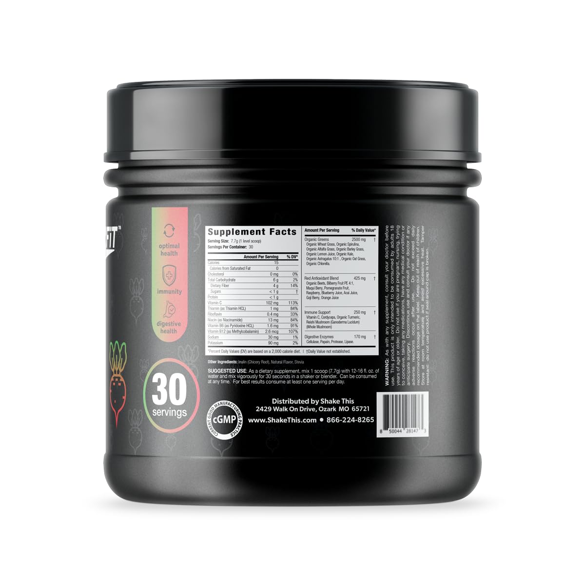 ES FIT Super Greens powder bottle being poured into a smoothie for energy and digestion.