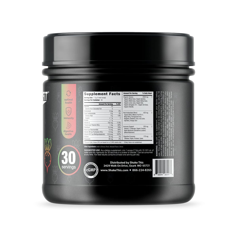 ES FIT Super Greens powder bottle being poured into a smoothie for energy and digestion.