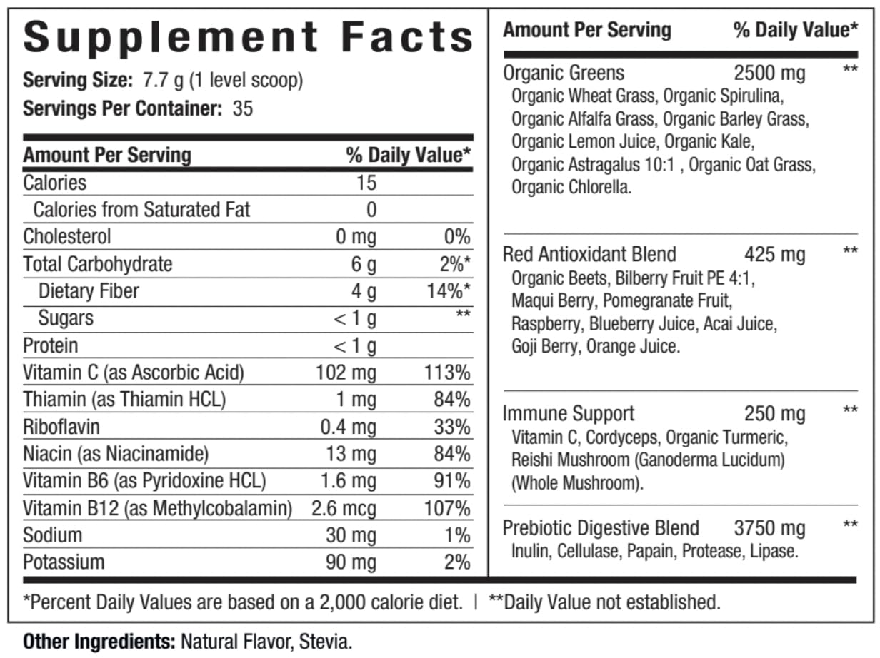 ES FIT Super Greens serving scoop next to ingredients showcasing immune-supporting vitamins.