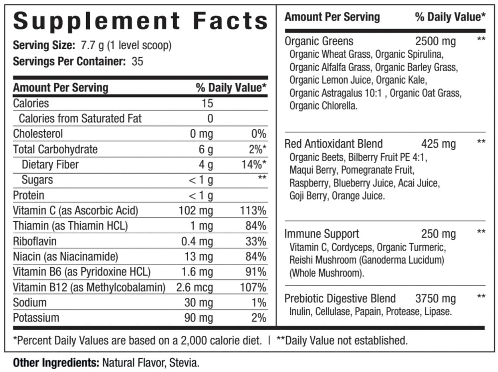 ES FIT Super Greens serving scoop next to ingredients showcasing immune-supporting vitamins.