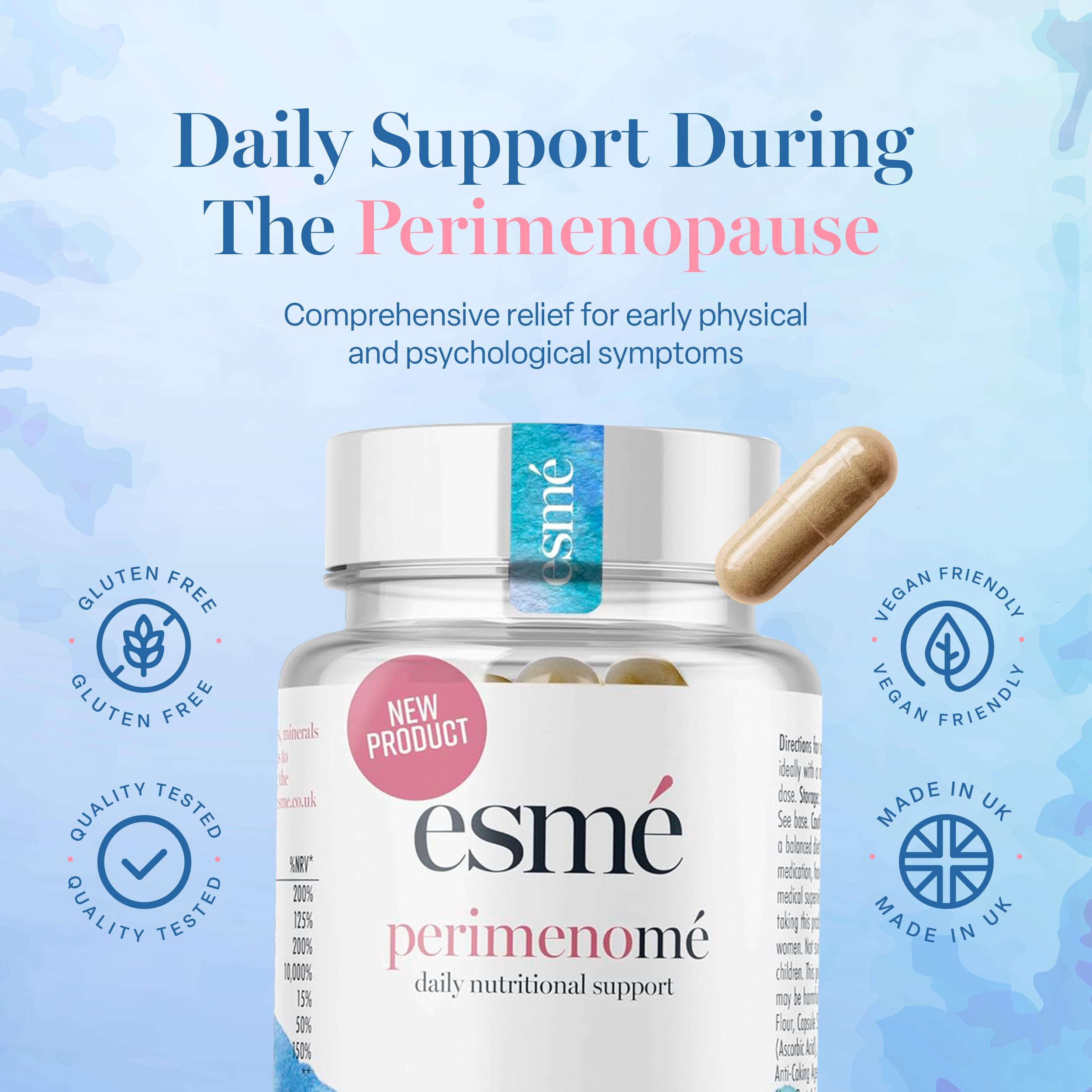 Esme perimenopause bottle features immune-supporting vitamins for daily resilience