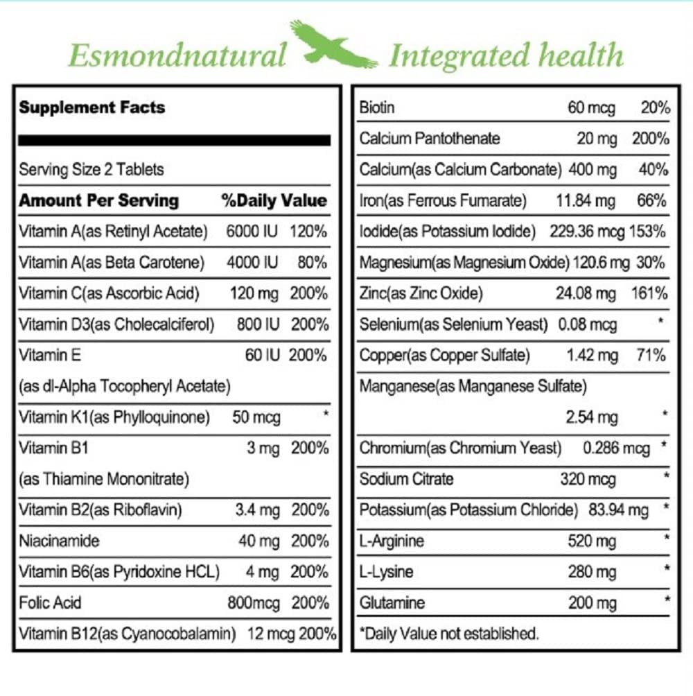 Esmond Natural Well Growing Tablet ingredient box highlights vitamins, minerals, and amino acids.