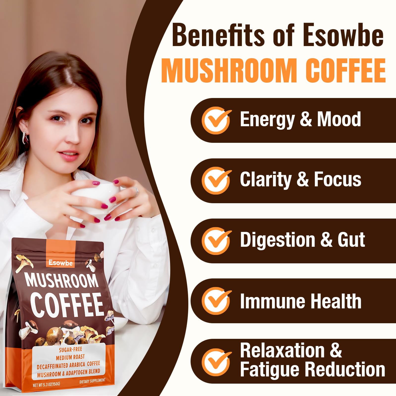 Esowbe Mushroom Coffee steaming cup ready for energy and calm focus.