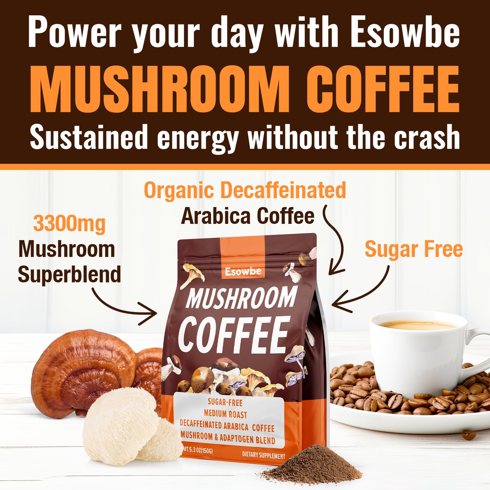 Esowbe Mushroom Coffee bottle and label emphasize immune support ingredients.