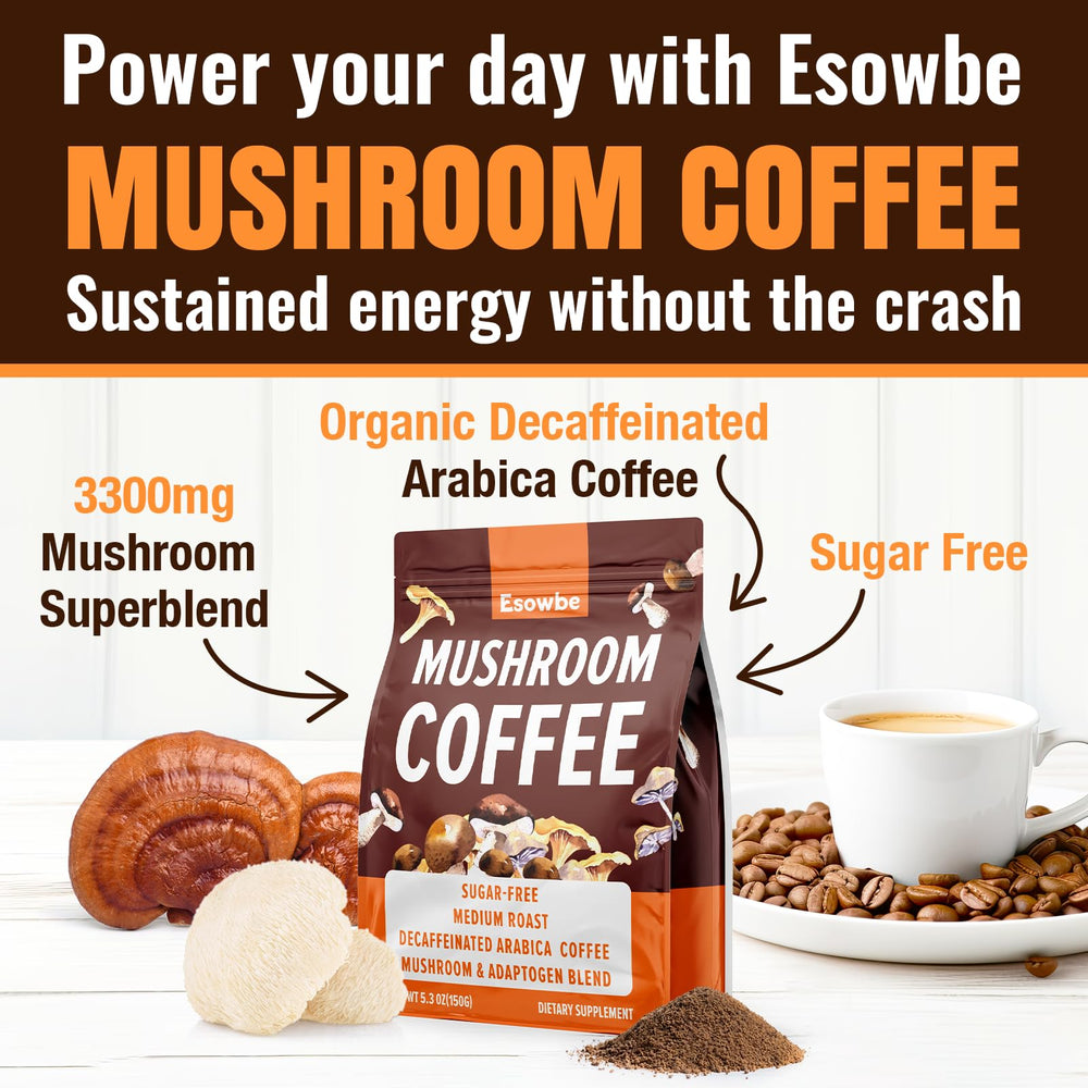 Esowbe Mushroom Coffee bottle and label emphasize immune support ingredients.