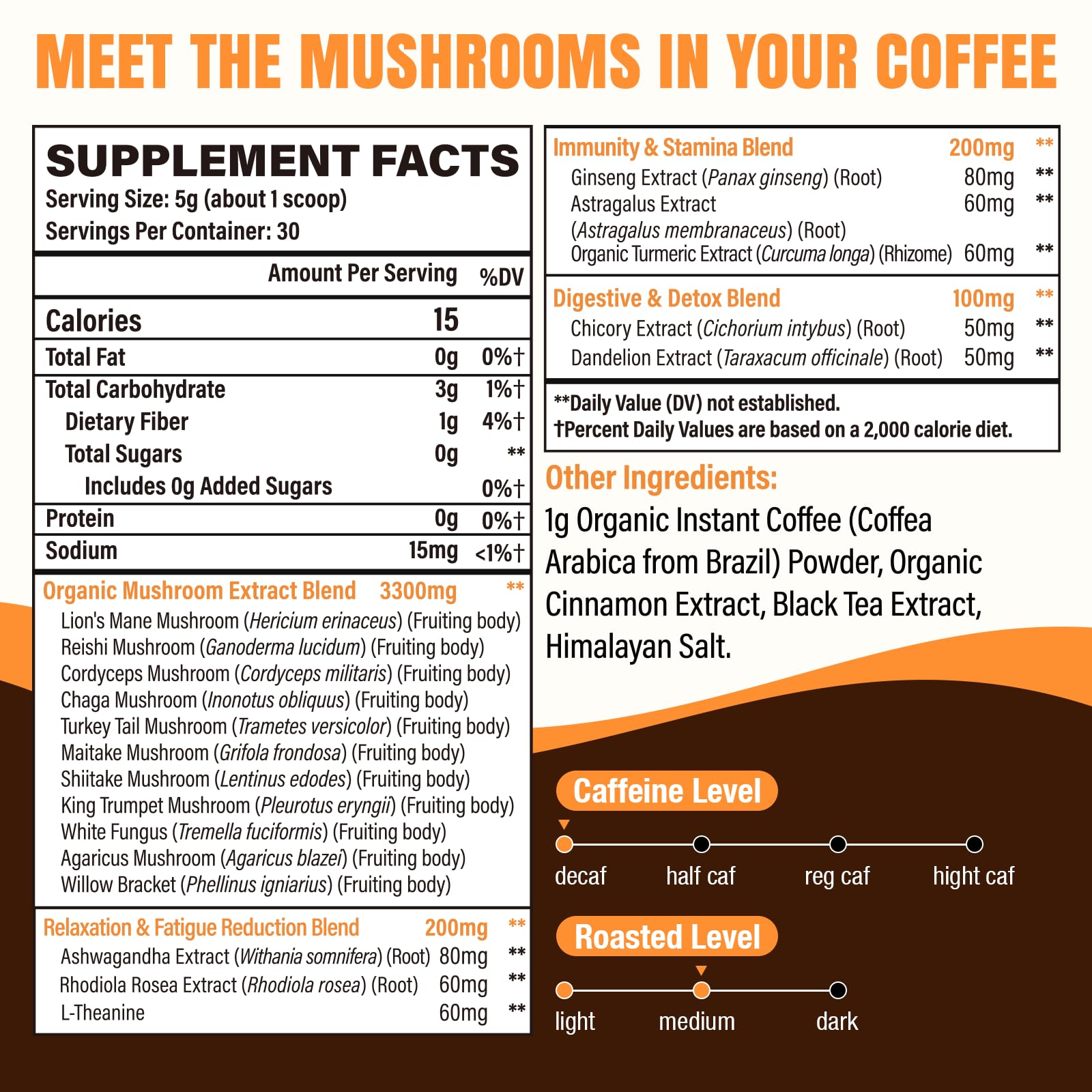 Esowbe Mushroom Coffee powder being poured into a cup for a smooth, low-acid brew.
