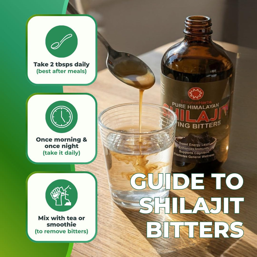 Essence Herbs Shilajit Bitters herbs and resin blend close-up.