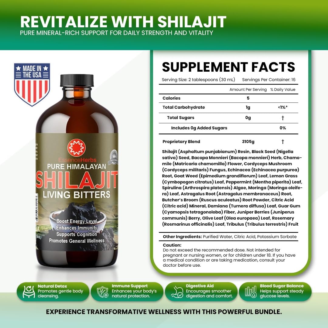 Essence Herbs Shilajit Bitters ingredients line with moringa and black seed.
