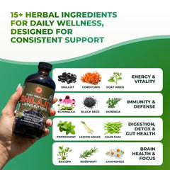 Essence Herbs Shilajit Bitters label close-up highlighting natural ingredients.