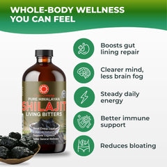 Essence Herbs Shilajit Bitters being poured into a glass.