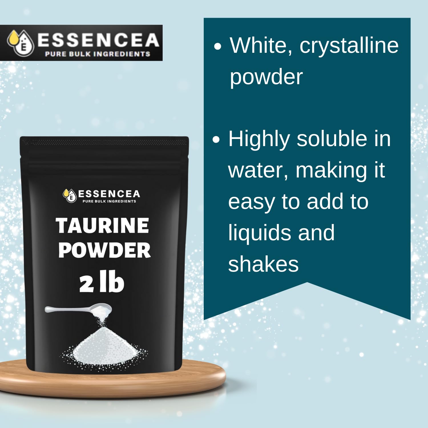 Essencea Taurine Powder with measuring scoop for precise dosing.