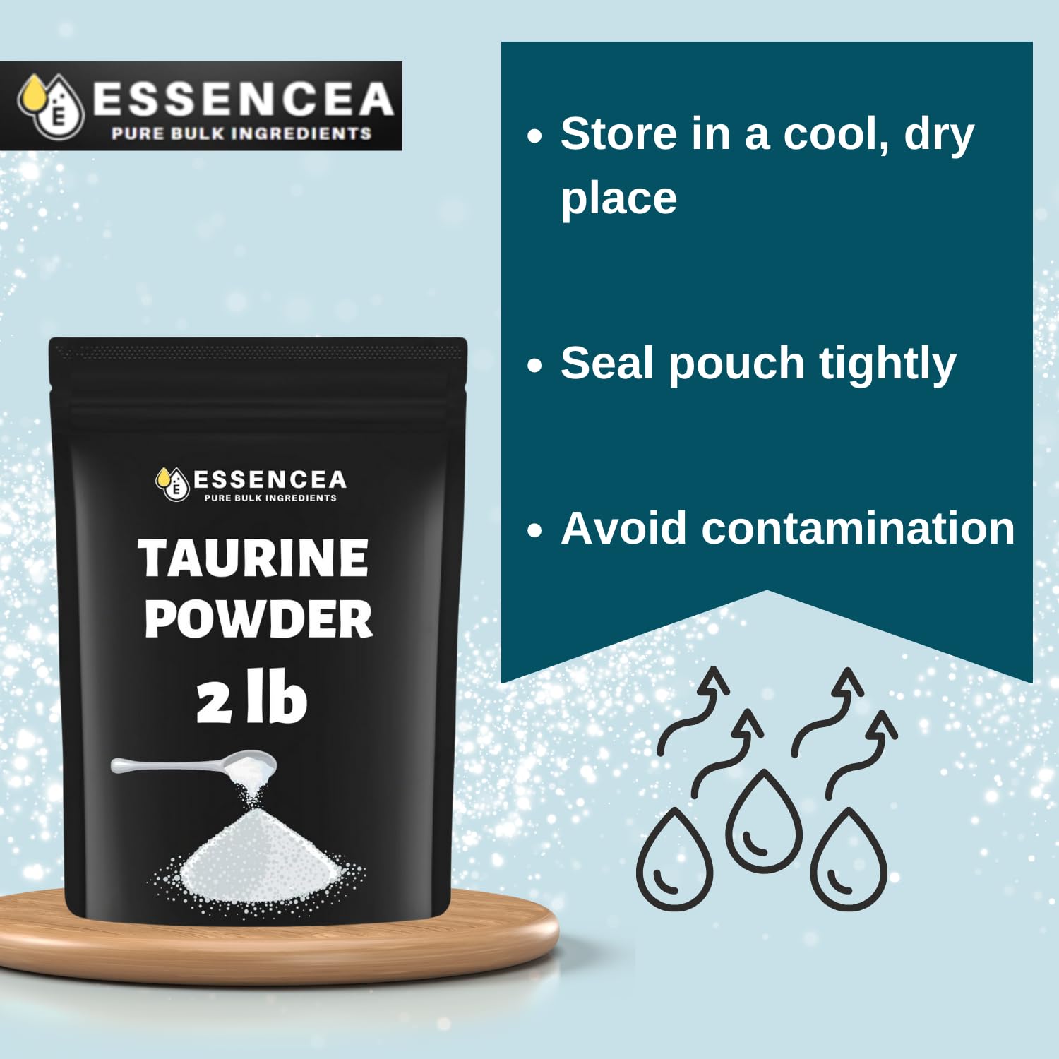 Essencea Taurine Powder quality inspection label signals purity and freshness checks.