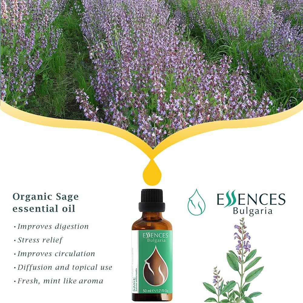 Essences Bulgaria Sage on Danube farm background highlighting origin and care.