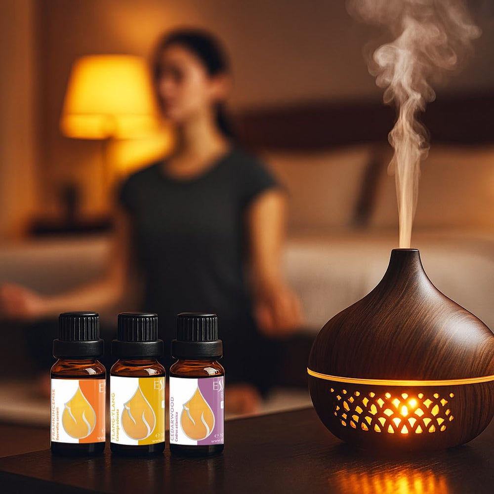 Essences Bulgaria evening meditation ylang ylang bottle for soothing mood.