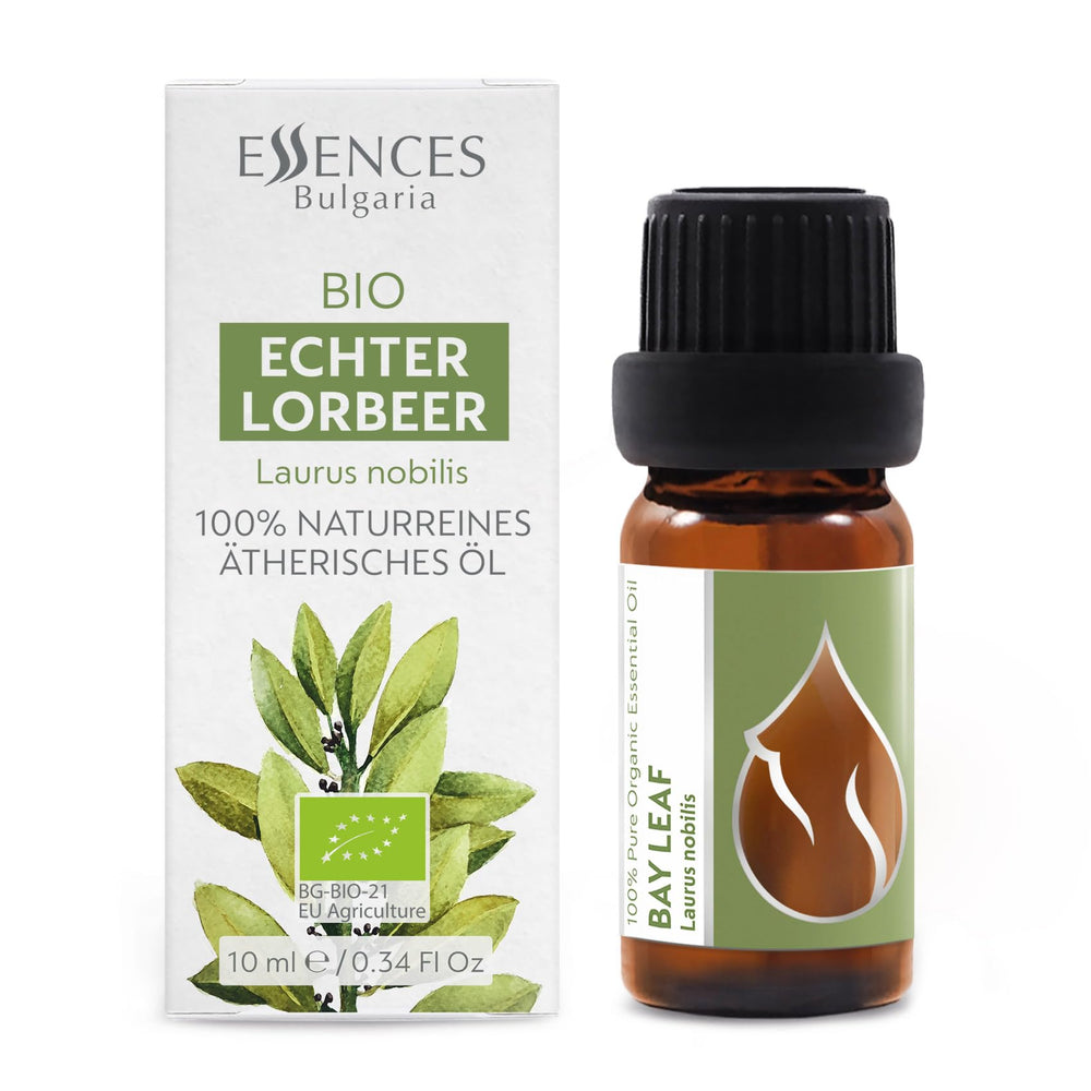 Essences Bulgaria Bay Leaf essential oil label highlights organic origin