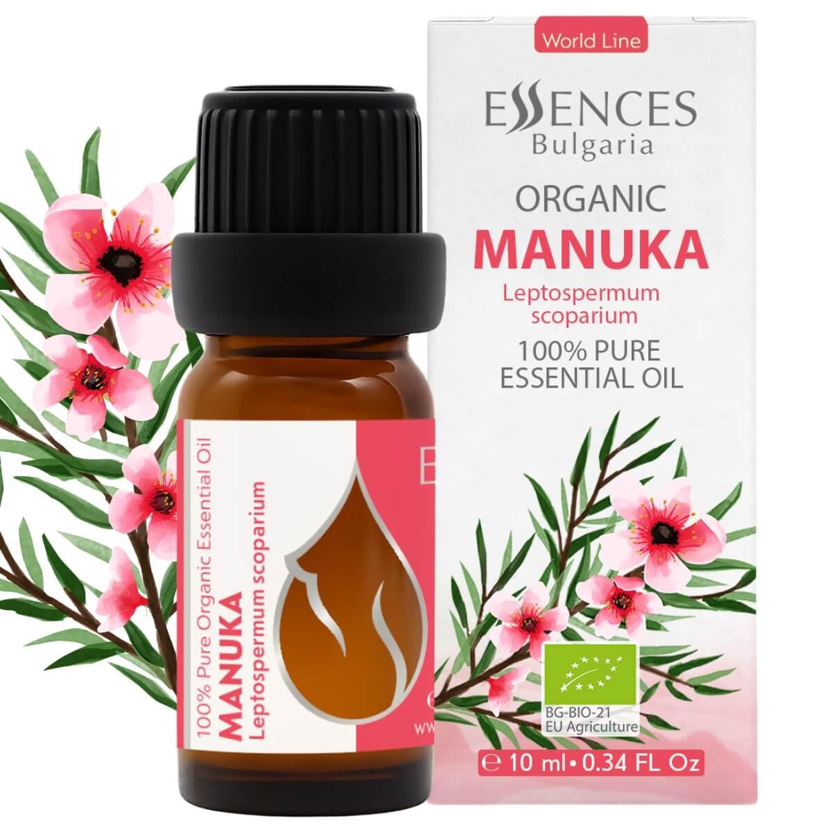 Essences Bulgaria Manuka essential oil bottle front view for aromatherapy potential