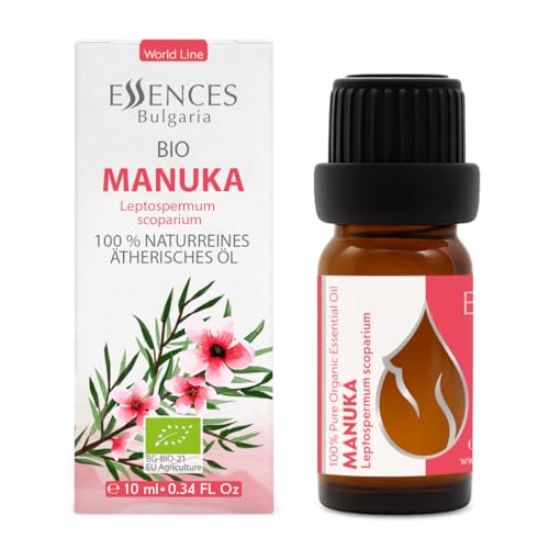 Essences Bulgaria Manuka essential oil label close-up showing 100% pure quality