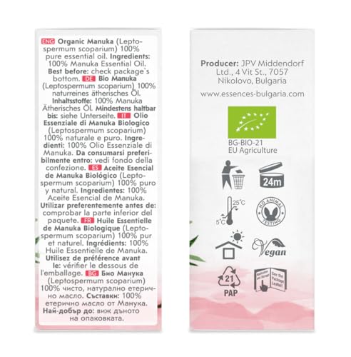 Essences Bulgaria Manuka essential oil packaging box highlighting sustainable sourcing
