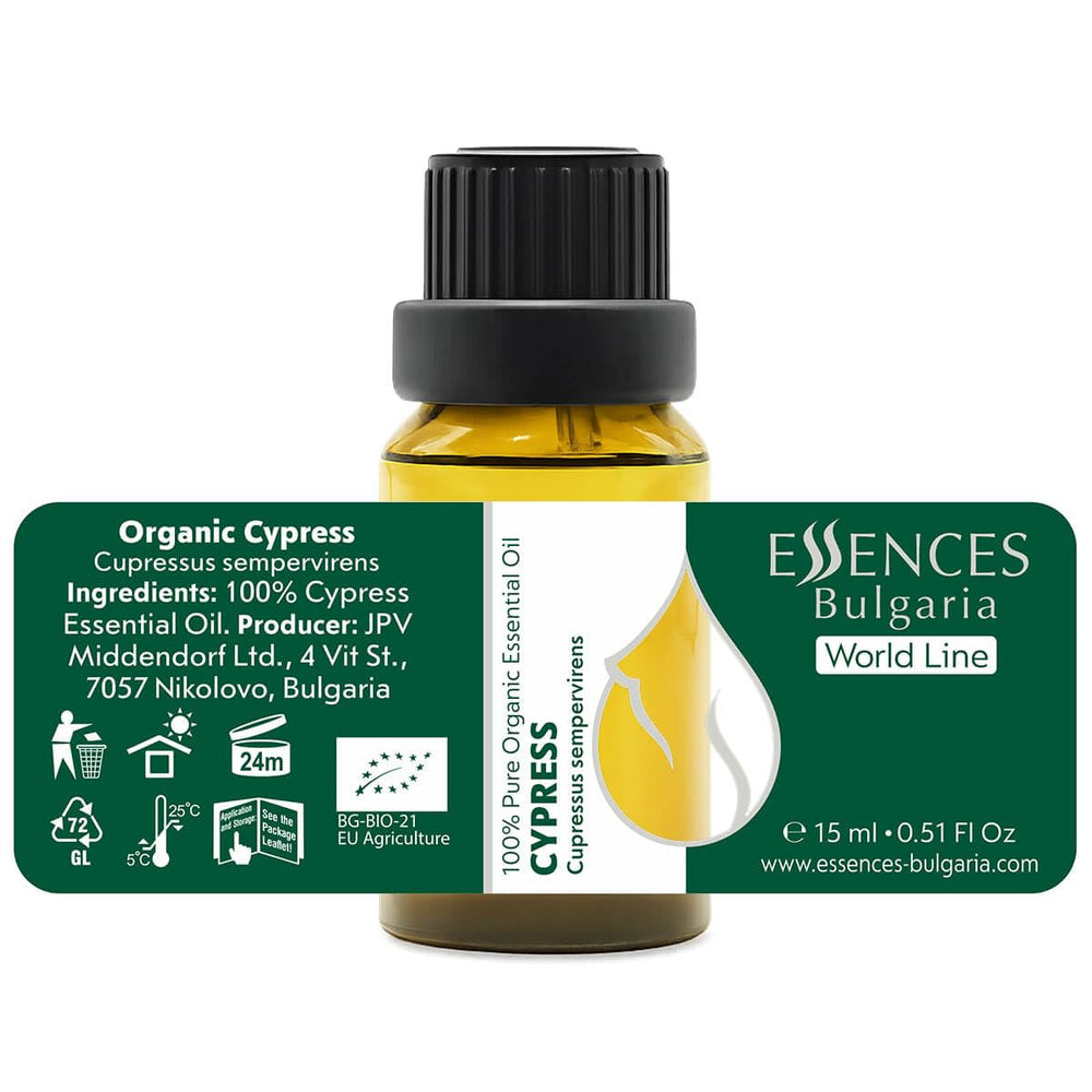 Organic certification badge shown for Essences Bulgaria Cypress oil