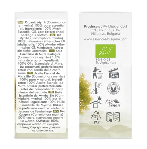Essences Bulgaria Organic Myrrh oil in a calm setting for meditation.