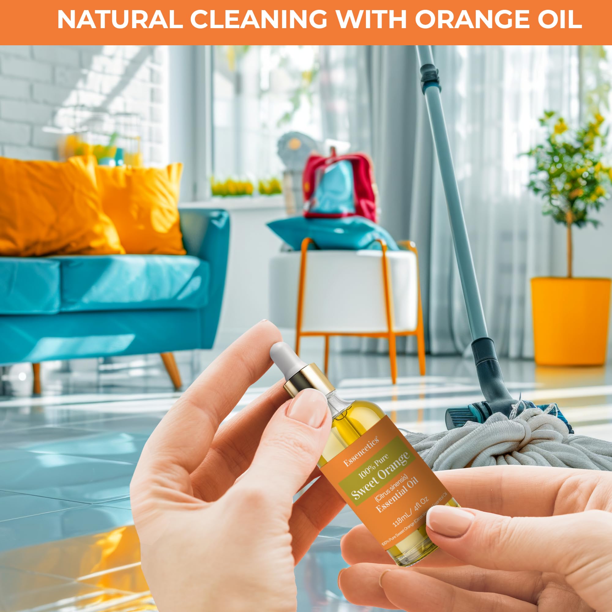 Essencetics Sweet Orange oil used in cleaning to freshen surfaces