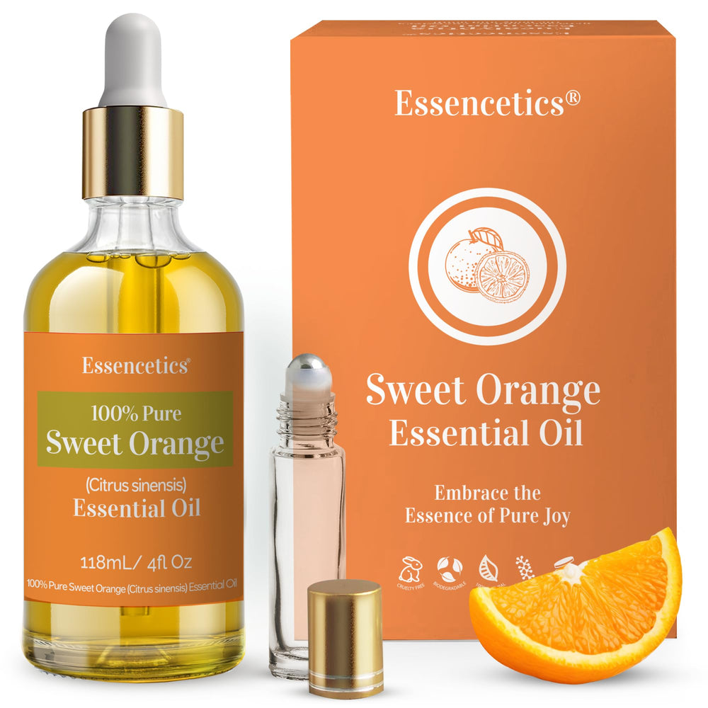 Essencetics Sweet Orange Essential Oil bottle shows a citrus aroma for refreshing mood