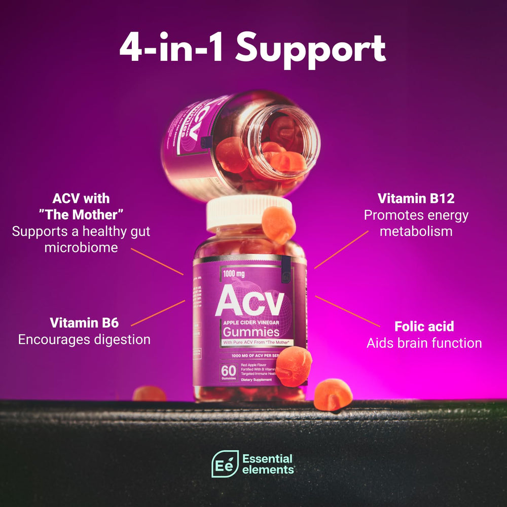 Essential Elements ACV gummies bottle label close-up highlighting vegan and B vitamins