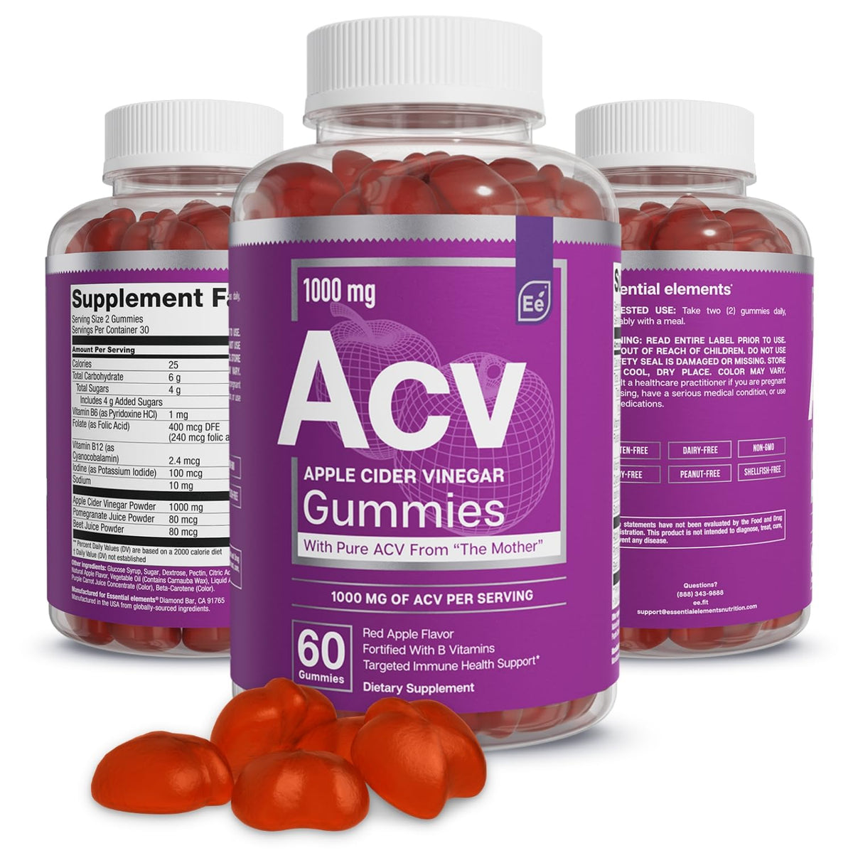 Essential Elements Apple Cider Vinegar Gummies bottle with The Mother for daily wellness.