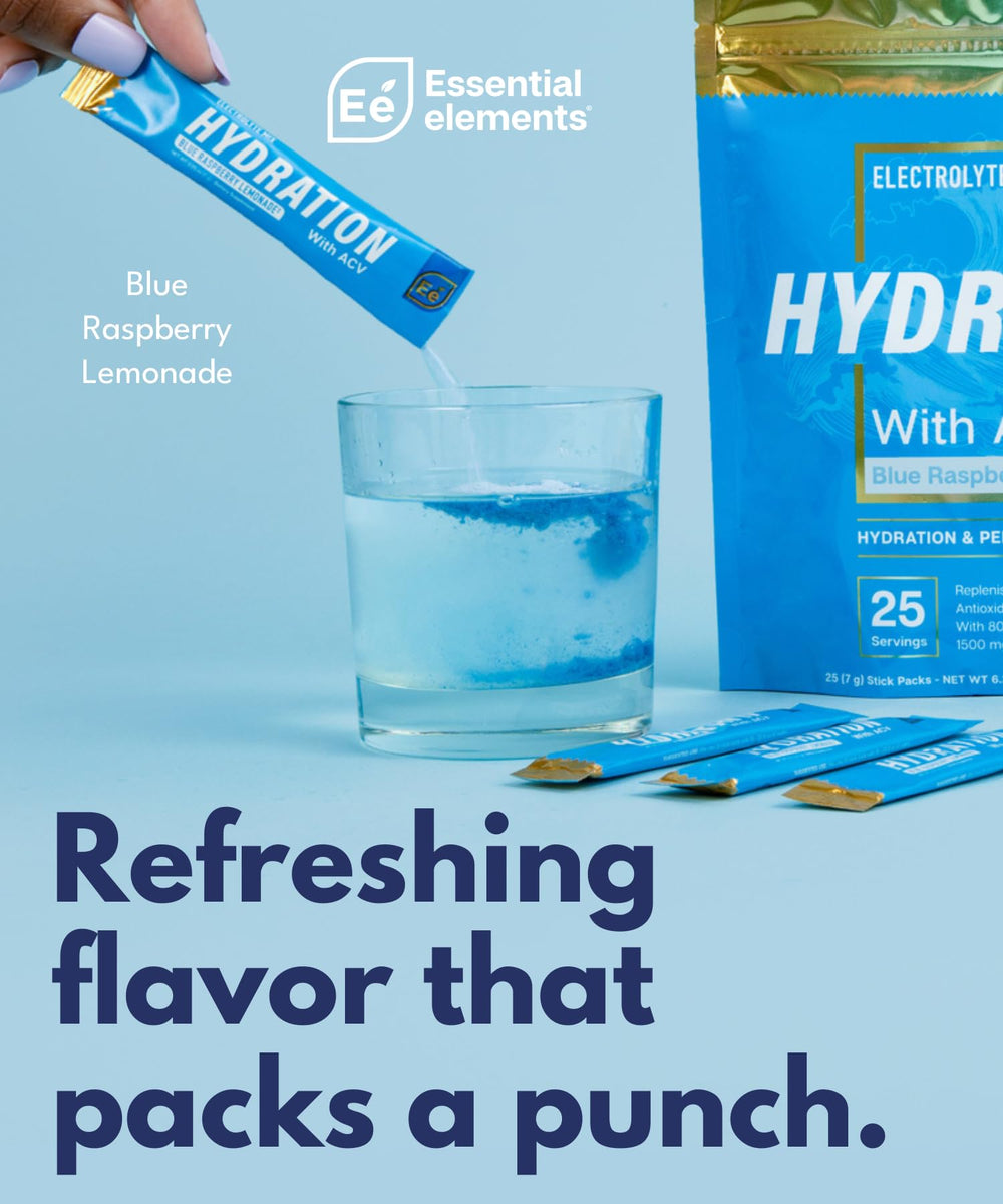 Essential Elements blue raspberry flavor with ACV and vitamin C for digestive and immune-friendly support.