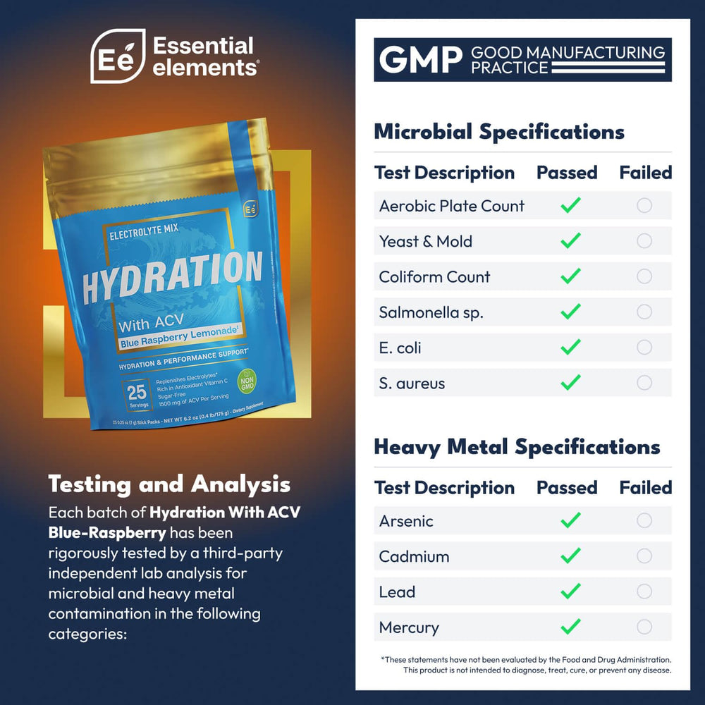 Essential Elements blue raspberry powder packet close-up showing sugar-free electrolyte formula for quick hydration.