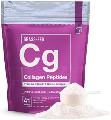 Essential Elements collagen bottle displaying grass-fed, Type I & III formula.
