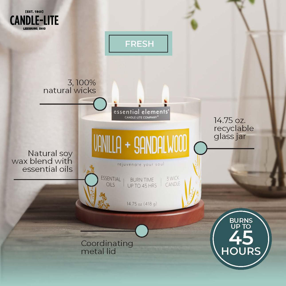 Essential Elements three-wick candle-burns up to 45 hours with steady scent.