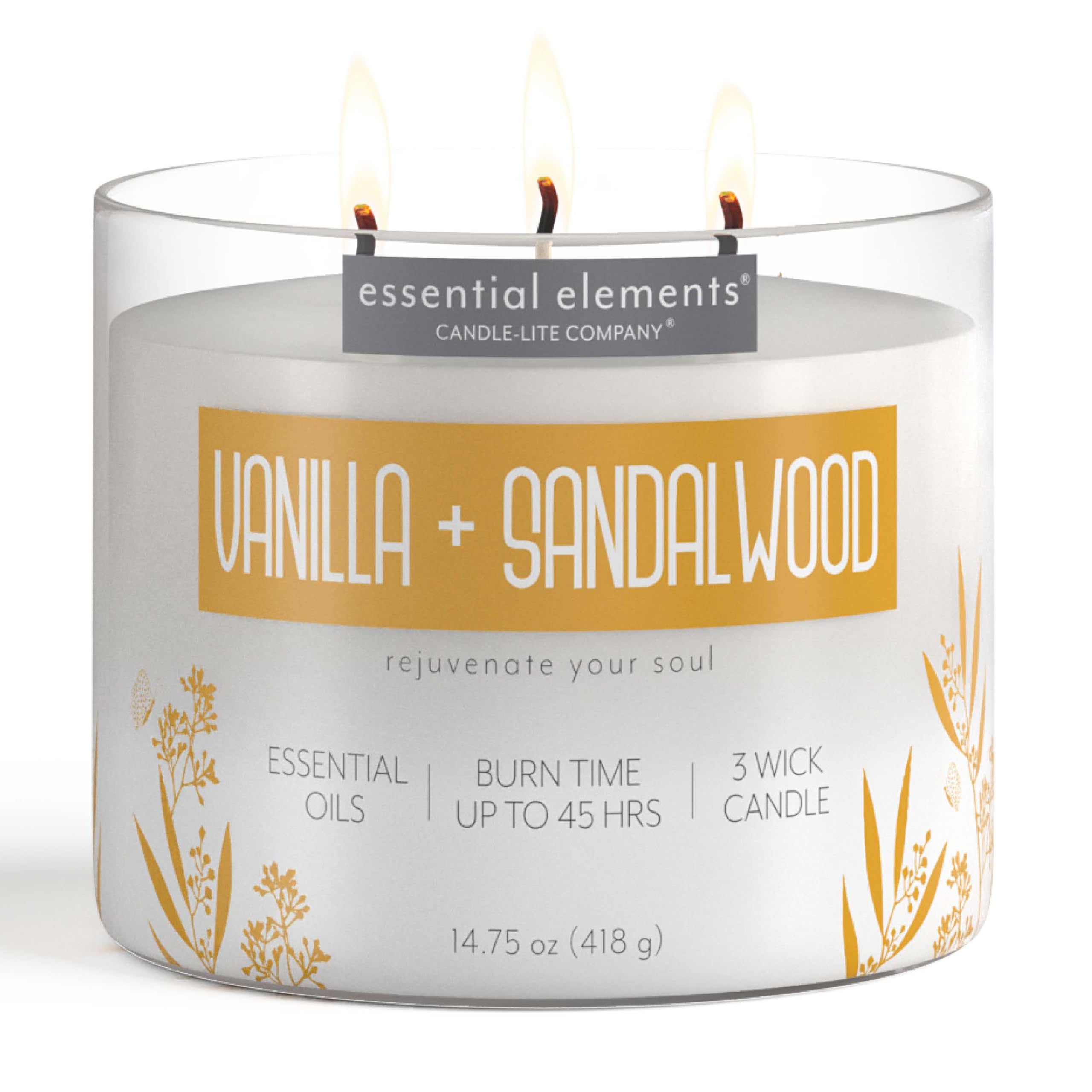 Essential Elements Vanilla-Sandalwood candle-jar emits calming fragrance for cozy spaces.