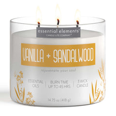 Essential Elements Vanilla-Sandalwood candle-jar emits calming fragrance for cozy spaces.