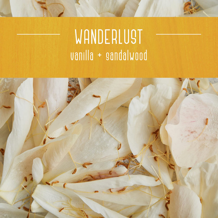 Wanderlust fragrance blends sandalwood, orange, and patchouli for calm ambiance