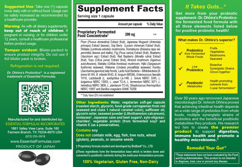 Essential Formulas Dr Ohhira's Probiotics capsules closeup showing vegetarian soft gels for daily use