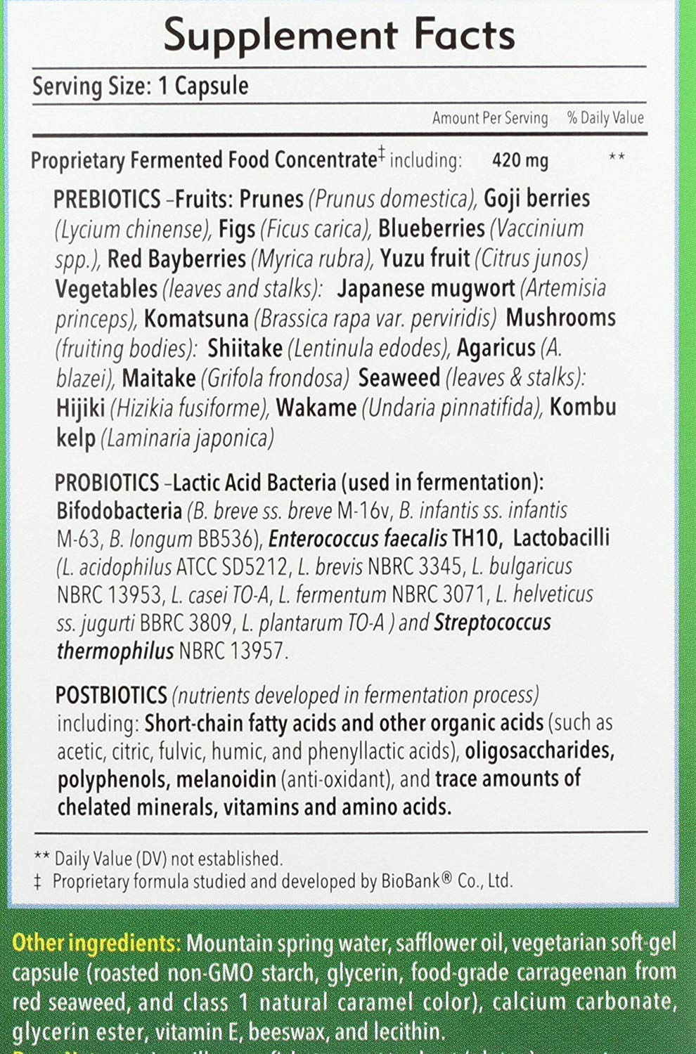 Dr. Ohhira's Probiotics bottle back with ingredients and guidance.