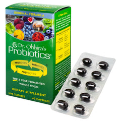 Essential Formulas Dr. Ohhira’s Probiotics Original bottle shows three-year fermentation benefits.