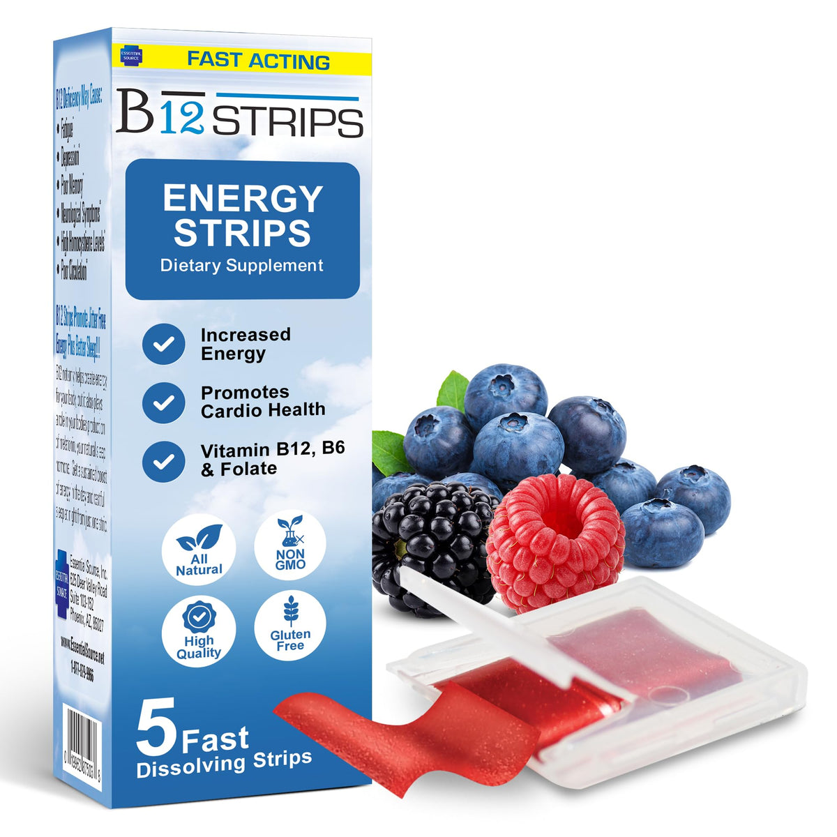 Essential Source B12 strips under the tongue for fast, convenient energy support.