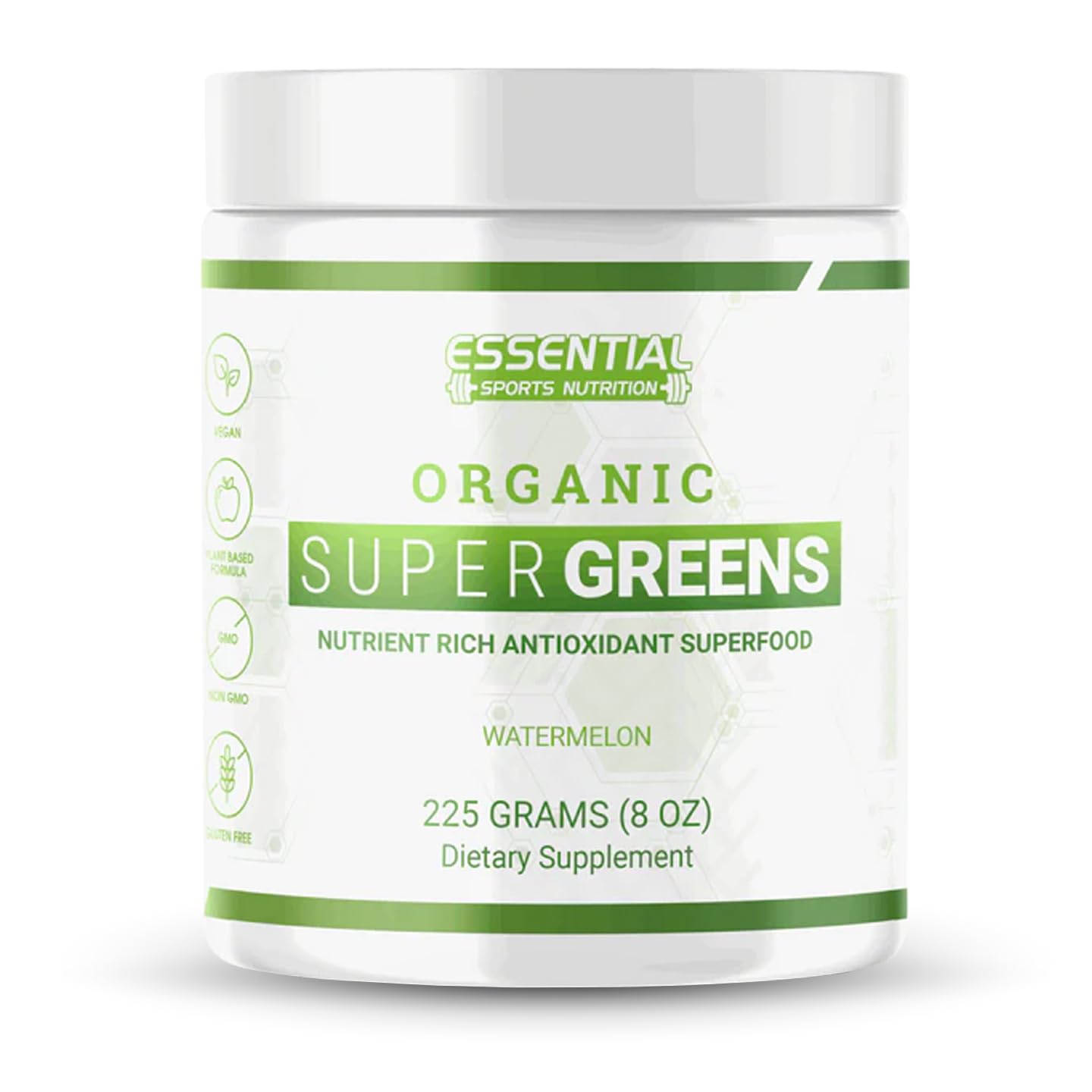 Essential Sports Nutrition Organic Super Greens bottle on a kitchen counter, energizing your day.