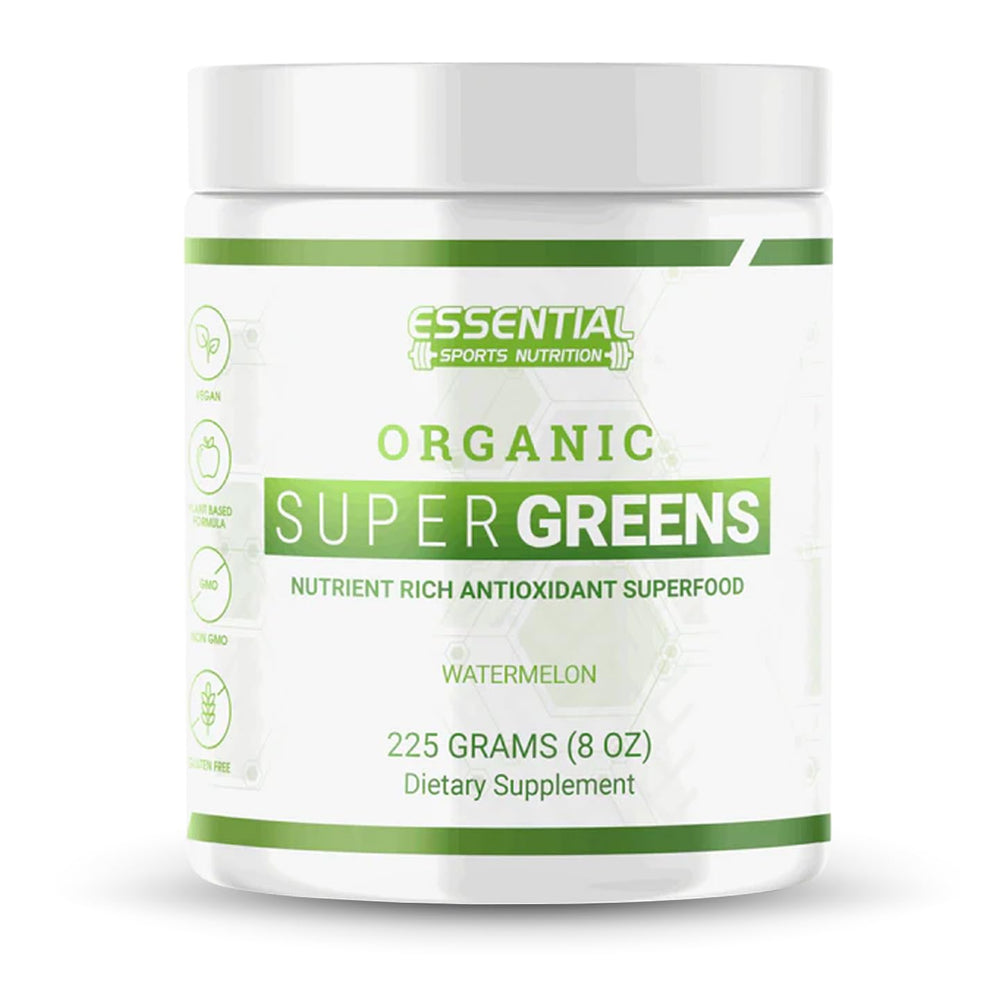 Essential Sports Nutrition Organic Super Greens bottle on a kitchen counter, energizing your day.
